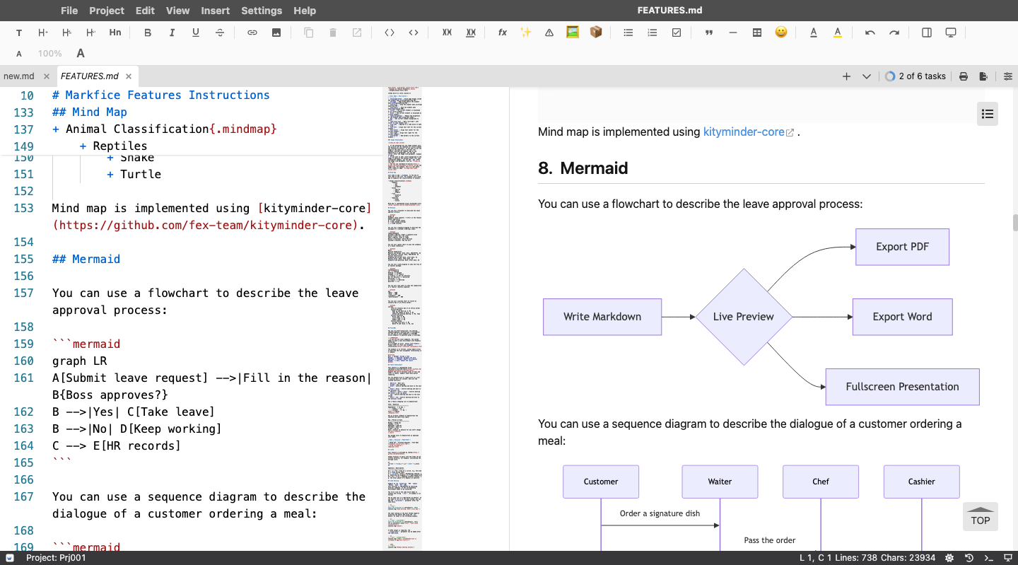 Markfice — dual-pane editing with live preview, light theme