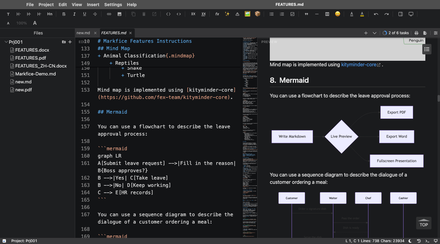 Markfice — workspace with file tree, dark theme